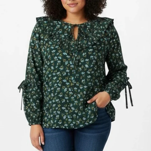 Floral Blouse Womens 4X Green Ruffle Long Sleeve Tie Neck NWT Plus - Picture 1 of 10